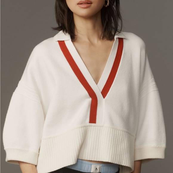 Maeve Sweaters - Maeve V-Neck Pullover Sweater with Red Trim